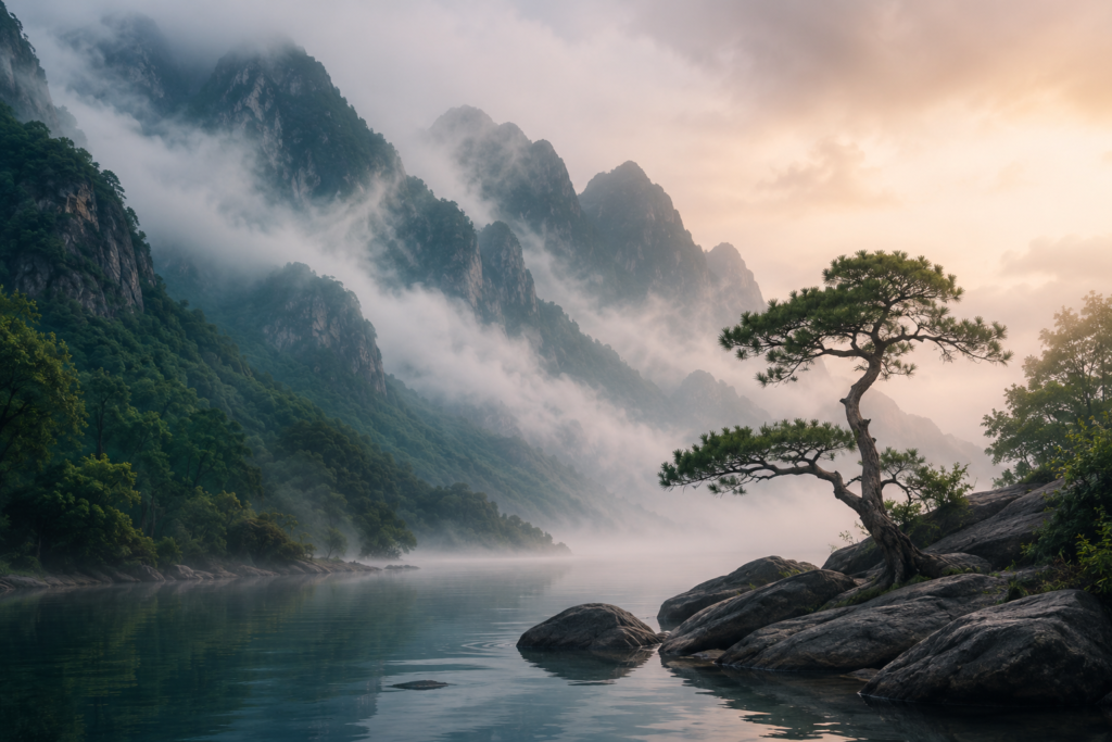 Mist-covered mountains and flowing water representing Taoist presence and natural harmony