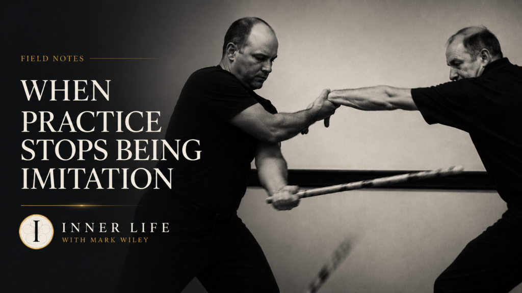 Black-and-white featured image of two martial arts practitioners engaged in dynamic partner training, illustrating resonance, entrainment, and embodied learning through tactile exchange and movement.