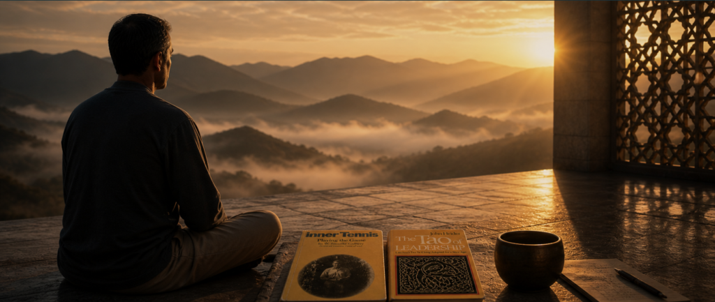 Inner Game Martial Arts concept showing a contemplative figure with books, representing mind-body awareness and internal training