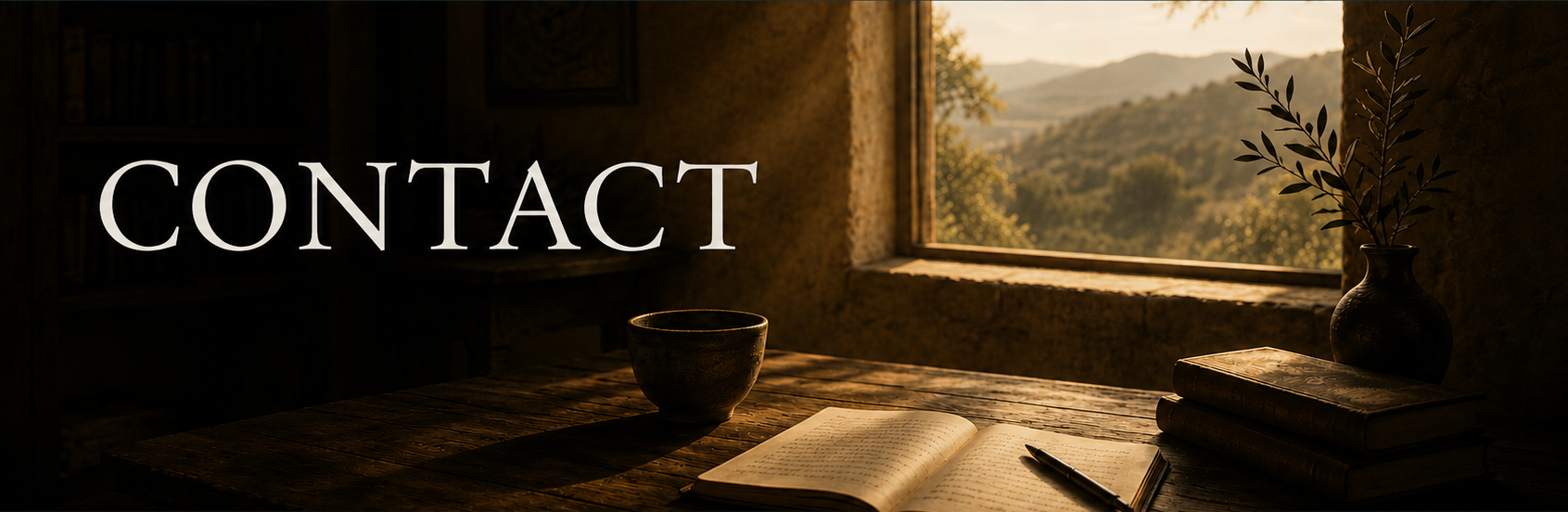 Warm contemplative interior with soft natural light, journal, and quiet atmosphere representing thoughtful correspondence and the Inner Life contact page.