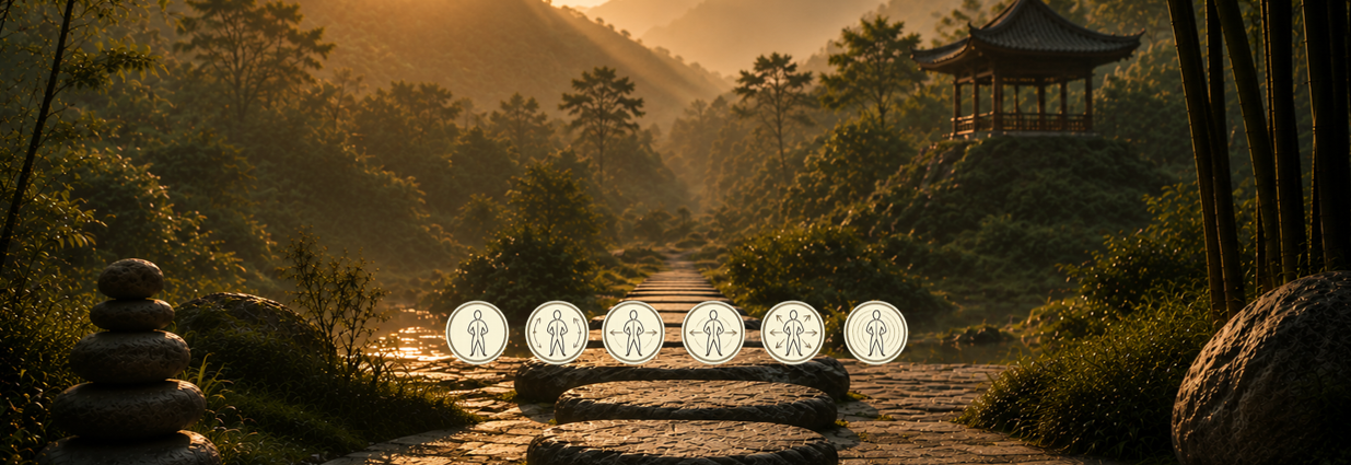 Symbolic pathway through a serene landscape with six developmental practice icons representing the Six Foundational Practices of Inner Life