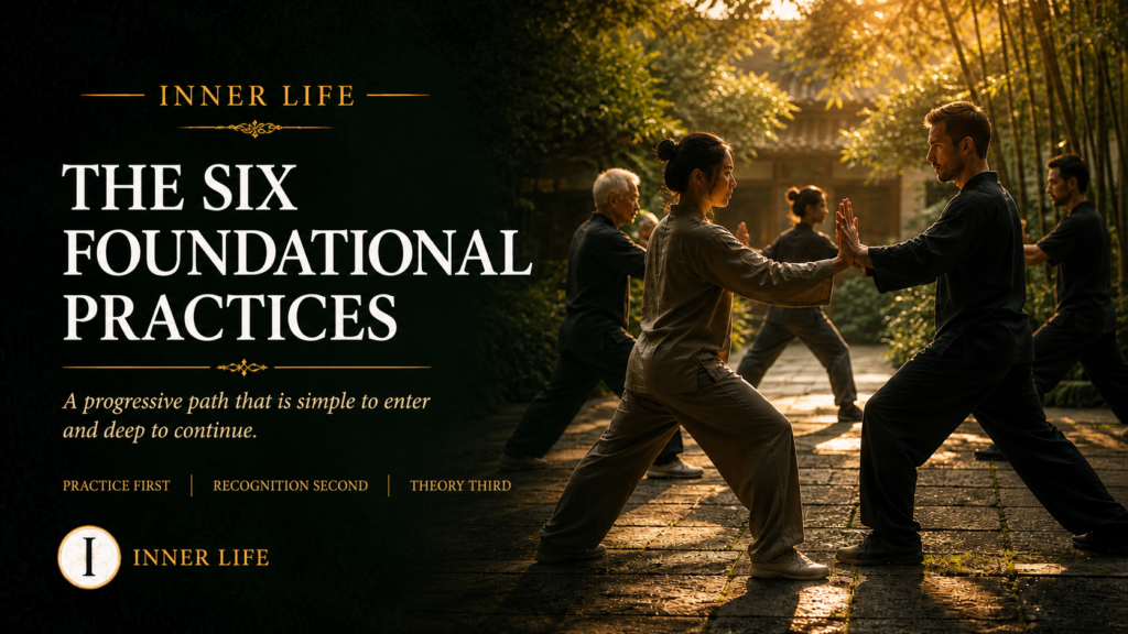 Practitioners engaged in partnered internal movement training representing the Six Inner Life Foundational Practices of Inner Life