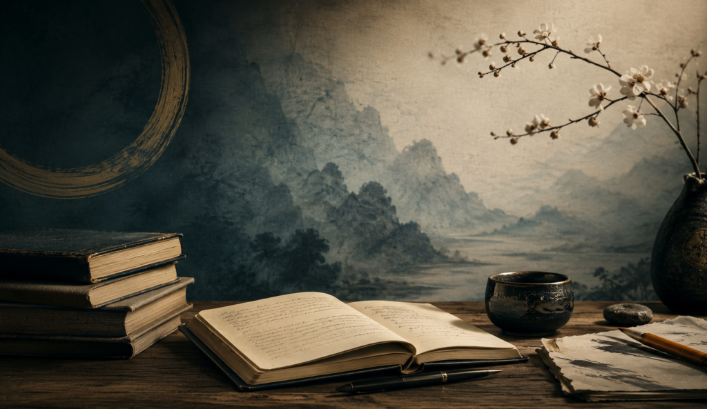 Atmospheric editorial hero image for the Inner Life “Latest from the Field” page featuring contemplative journals, manuscripts, tea cup, ink brush, and mist-covered mountains symbolizing reflections, field notes, conversations, and embodied inquiry.