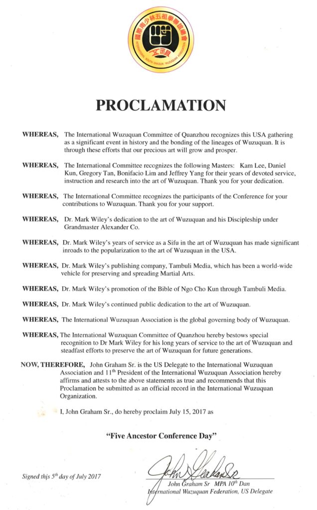 International Wuzuquan Committee proclamation recognizing Mark V. Wiley for contributions to preserving and promoting Wuzuquan internationally