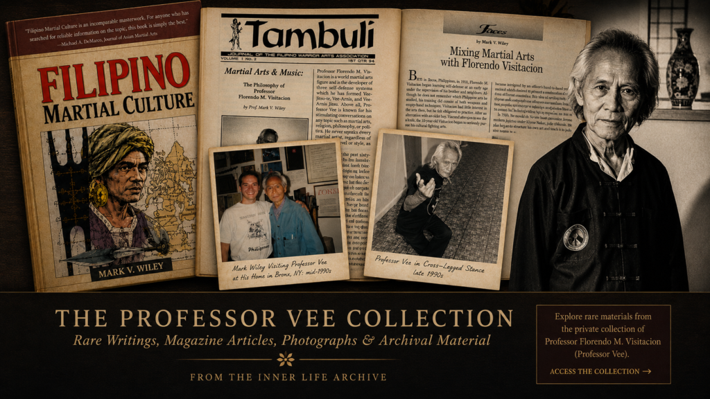 Vintage collage banner featuring rare Professor Florendo Visitacion archive materials including Filipino Martial Culture book cover, Tambuli magazine articles, archival photographs, and Inner Life Archive collection materials.