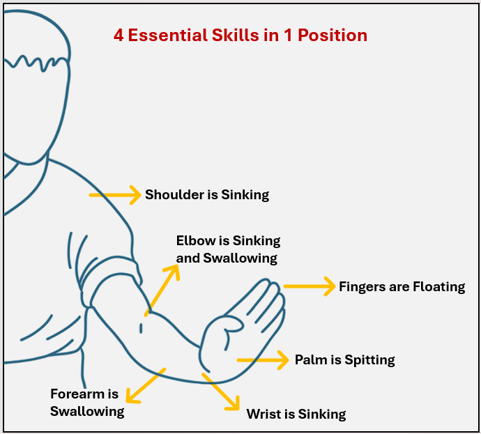 Embodied martial arts practice diagram showing sinking shoulder, swallowing elbow and forearm, floating fingers, spitting palm, and sinking wrist in Ngo Cho Kun.
