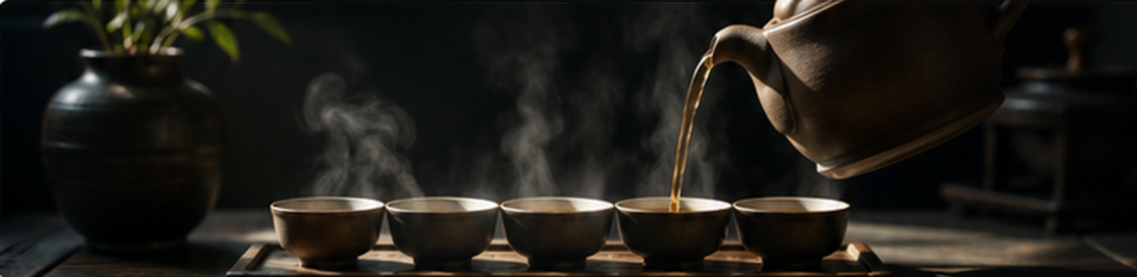 Hands gently pouring tea into small cups during a quiet Daoist practice tea preparation ritual