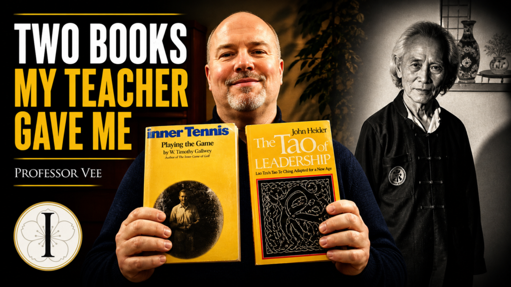 Mark Wiley holding two influential books given to him by Professor Vee, alongside a portrait of Professor Florendo Visitacion, featured image for the Inner Life reflection “Books My Teacher Gave Me.”