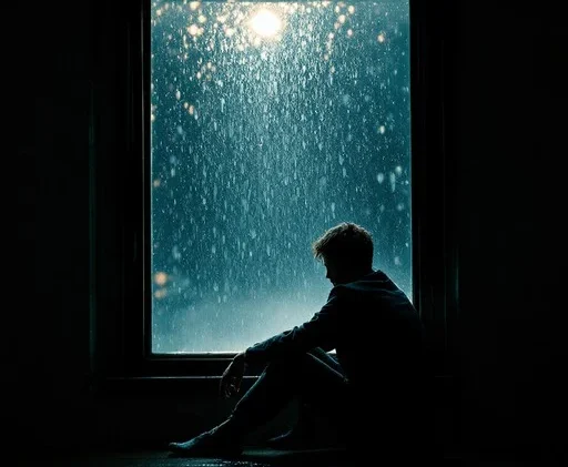 Silhouetted figure quietly observing rain through a window, reflecting contemplative awareness and perception