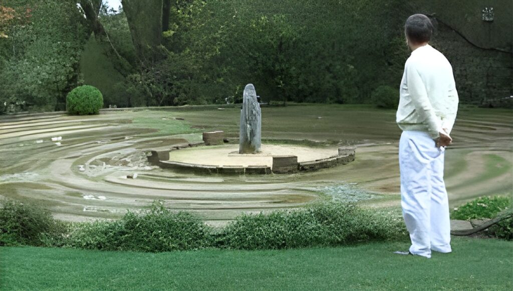 Llewellyn Vaughan-Lee gazing across an open field in contemplation, reflecting themes of mystical silence, vast emptiness, and the inward spiritual path.