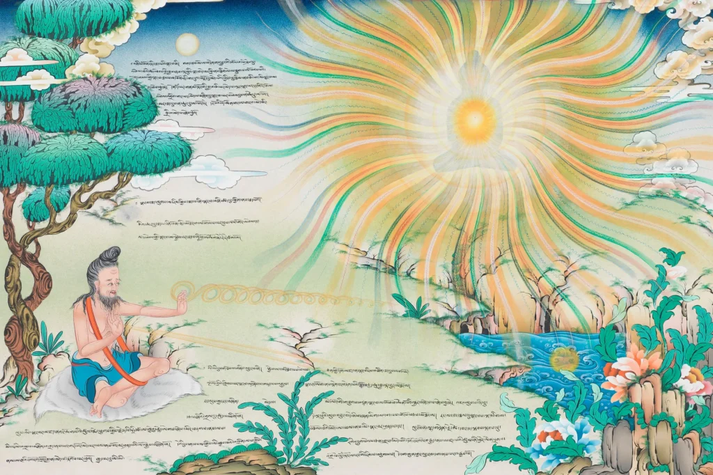 Traditional Dzogchen rainbow body illustration depicting luminous spiritual transformation and contemplative realization in Tibetan Buddhism.