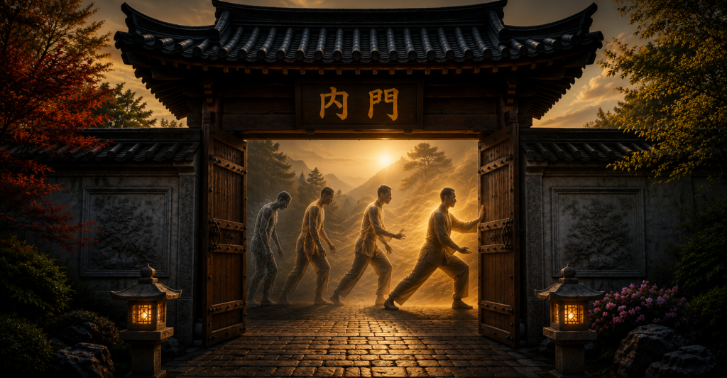 Traditional Inner Gate opening revealing stages of embodied martial arts practice, development, and internal transformation over time