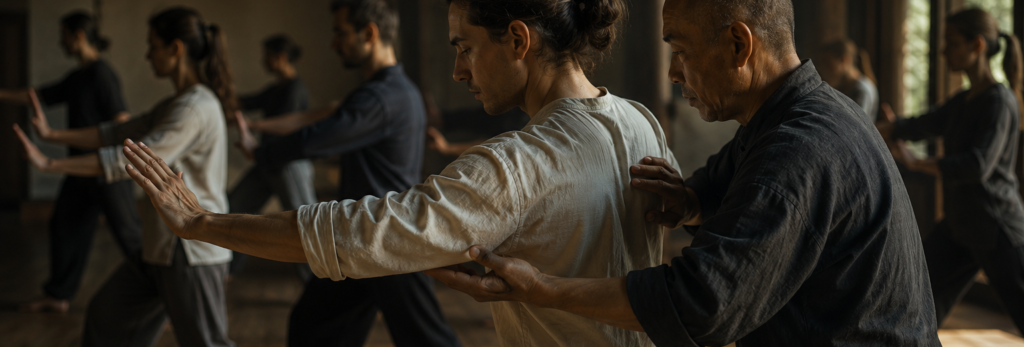 Martial arts teacher adjusting a student’s posture during synchronized group practice, illustrating embodied transmission, resonance, and entrainment through direct practice.