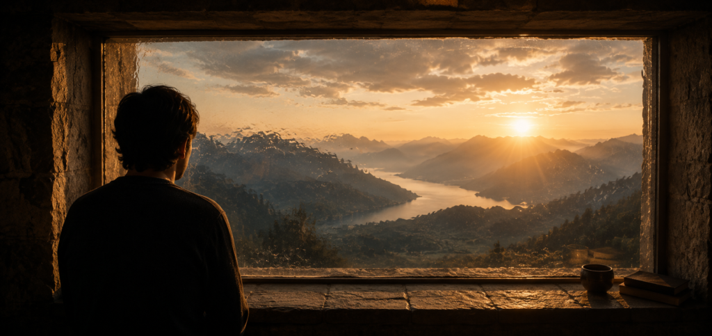 A solitary figure gazes through a weathered window toward a mountain landscape at sunrise, symbolizing how belief, memory, and conditioning influence perception and shape human experience.