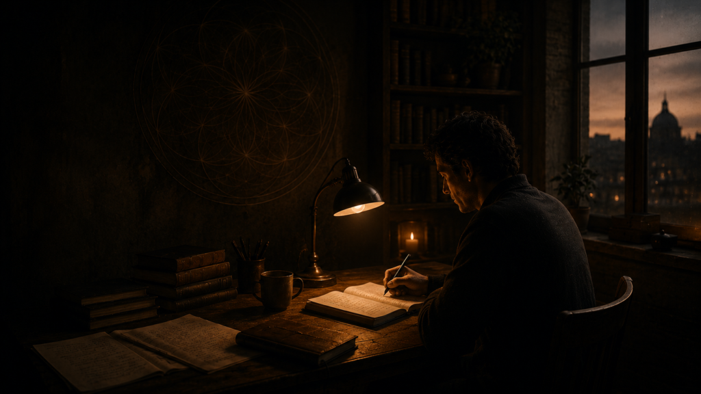 Reflections Archive page featuring a practitioner writing in a journal by lamplight, symbolizing contemplation, self-inquiry, embodied practice, and the integration of insight within the Inner Life framework.