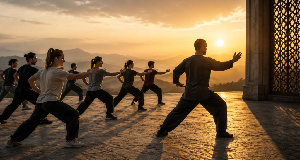 A diverse group practicing synchronized martial arts or Tai Chi movements with a teacher at sunrise, representing resonance, entrainment, and embodied learning through shared practice.