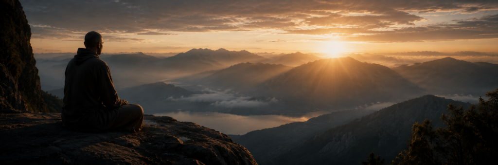 Contemplative figure overlooking mist-covered mountains at sunrise symbolizing fragmentation, suffering, stillness, and the return to wholeness.