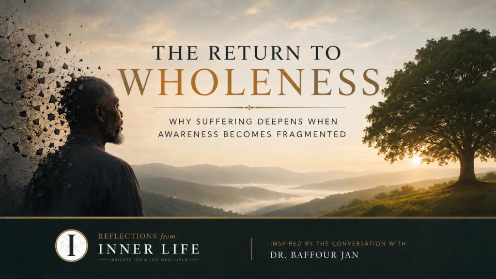 Cinematic Inner Life Reflections featured image inspired by Dr. Baffour Jan exploring fragmentation, suffering, awareness, wholeness, contemplative practice, and the restoration of inner balance.