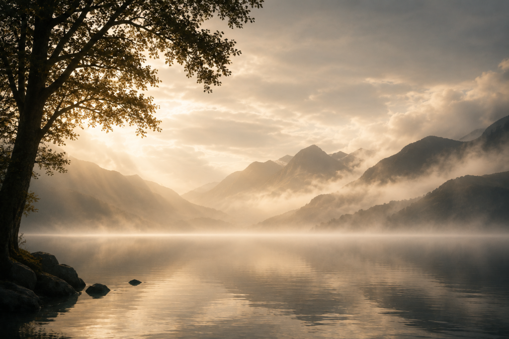 Misty mountain lake at dawn reflecting themes of silence, vast emptiness, and contemplative stillness