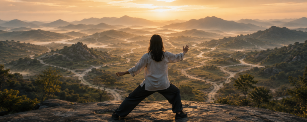 Embodied contemplative practice at sunrise overlooking many open paths through a mountain landscape symbolizing non-striving, awareness, and the unfolding of mature practice