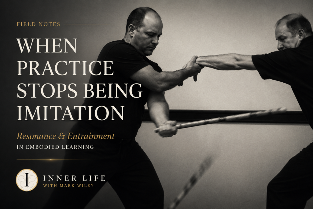 Black-and-white featured image of two martial arts practitioners engaged in dynamic partner training, illustrating resonance, entrainment, and embodied learning through tactile exchange and movement.