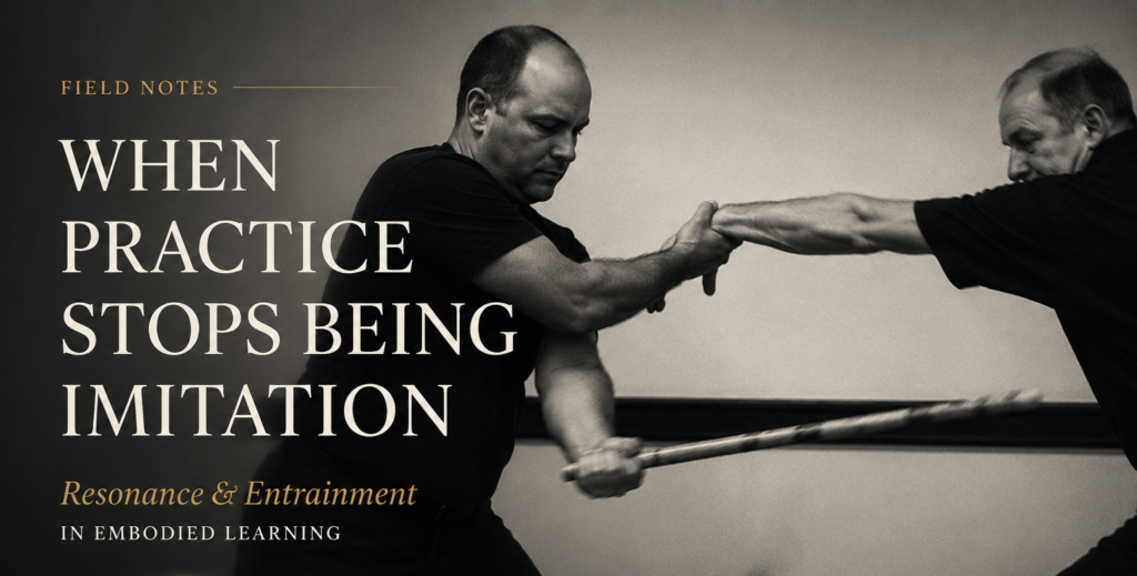 Black-and-white featured image of two martial arts practitioners engaged in dynamic partner training, illustrating resonance, entrainment, and embodied learning through tactile exchange and movement.