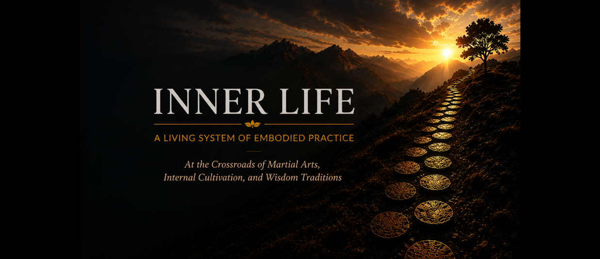Inner Life hero image featuring a mountain path at sunrise representing embodied practice, internal cultivation, martial arts training, and contemplative wisdom traditions.