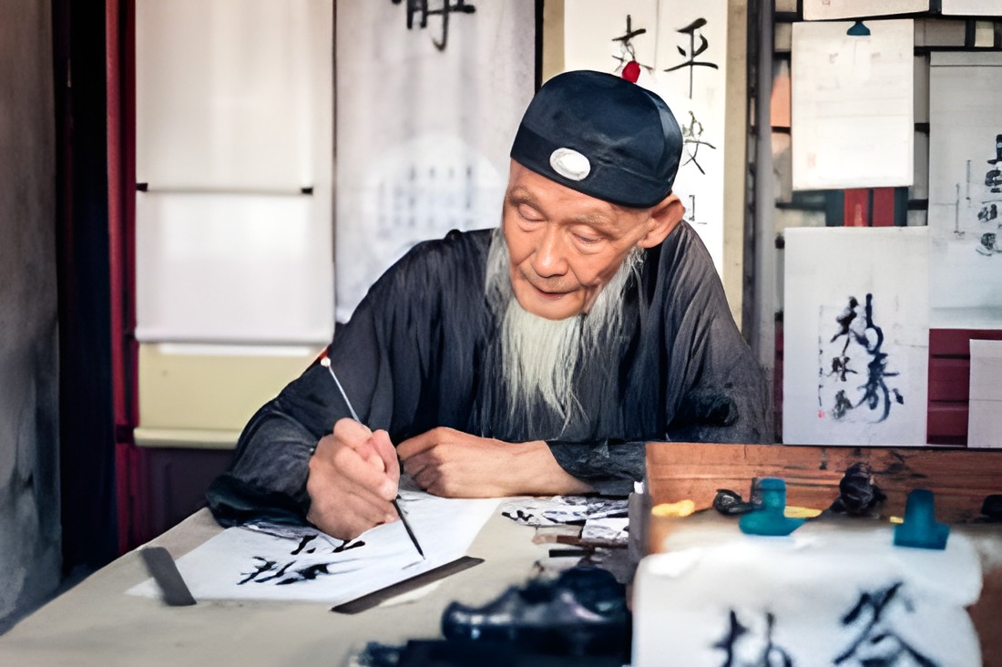 An elderly calligrapher practicing traditional brush calligraphy, illustrating embodied practice, cultivated attention, wisdom, and human transformation developed through years of disciplined training.