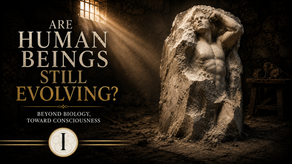 Are human beings still evolving beyond biology toward consciousness, symbolized by an unfinished human sculpture emerging from stone.