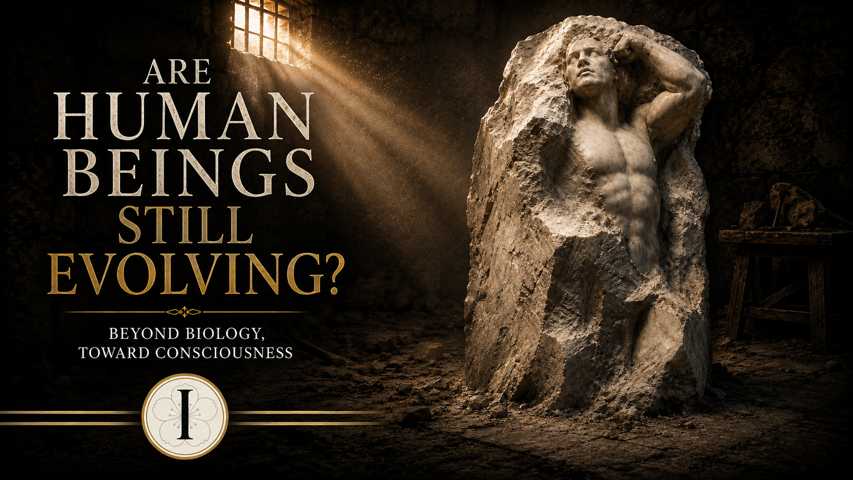 Are human beings still evolving beyond biology toward consciousness, symbolized by an unfinished human sculpture emerging from stone.