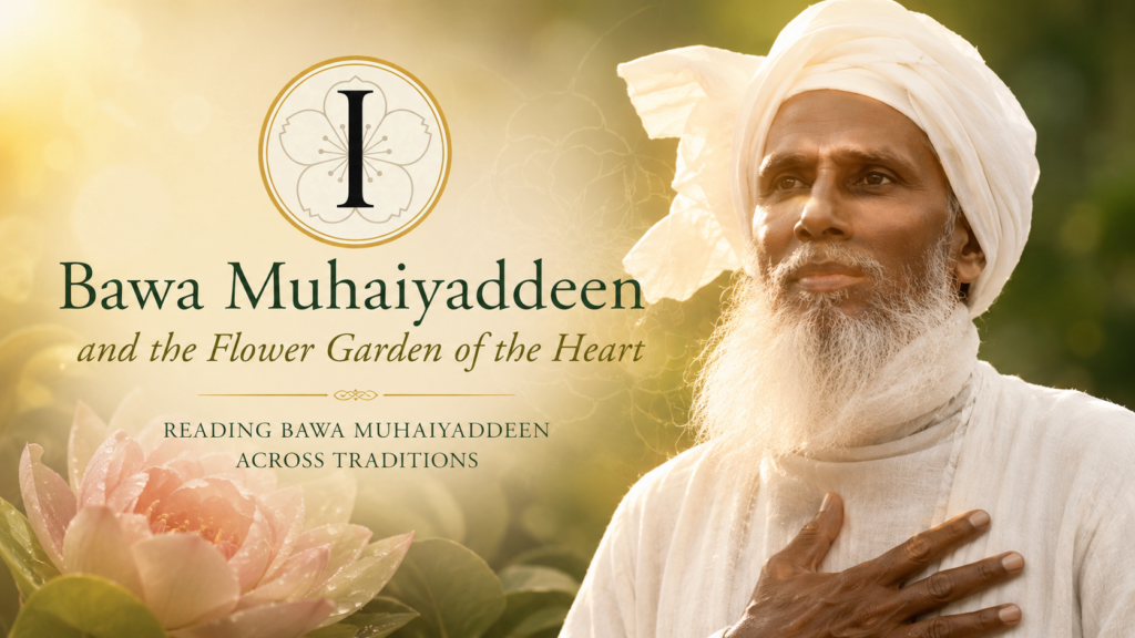 Featured image of Bawa Muhaiyaddeen with his hand over his heart, illustrating his teachings on the Flower Garden of the Heart and inner transformation.