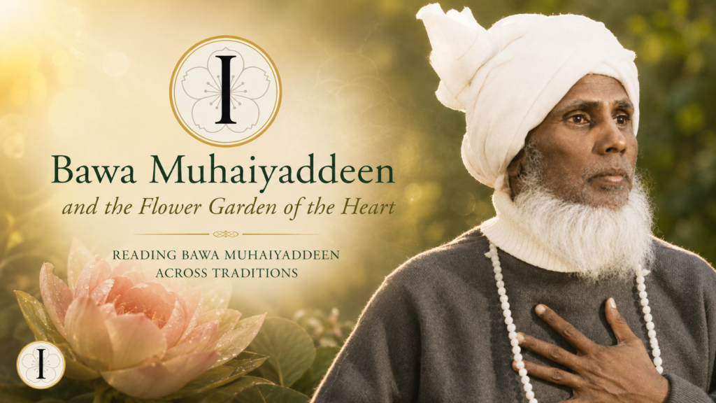 Featured image of Bawa Muhaiyaddeen with his hand over his heart, illustrating his teachings on the Flower Garden of the Heart and inner transformation.
