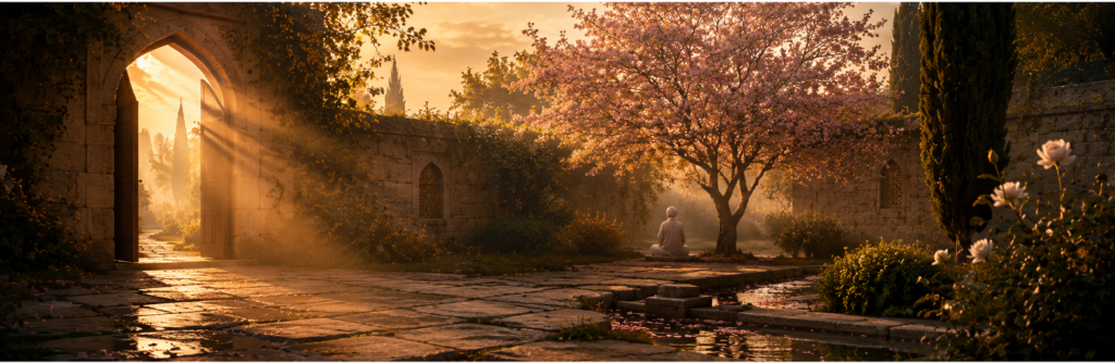 Cinematic garden courtyard with an open stone gate, flowering tree, and solitary contemplative figure, symbolizing Bawa Muhaiyaddeen's Flower Garden of the Heart.