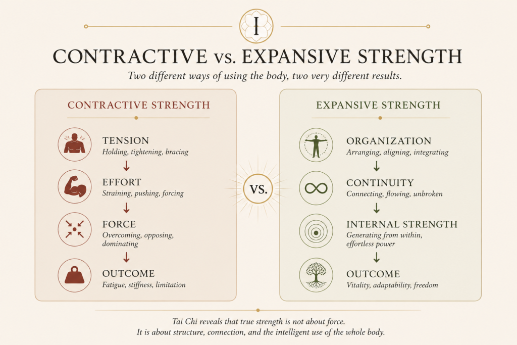 Diagram comparing contractive strength and expansive strength in Tai Chi internal strength training