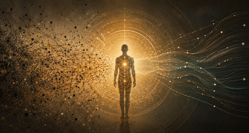 Abstract illustration of embodied practice showing the transformation of fragmented experience into integrated awareness through embodiment, regulation, and human development