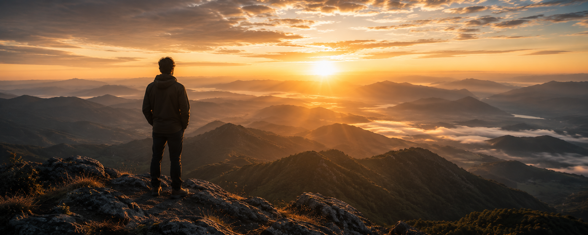 A solitary figure overlooking a vast sunrise landscape, symbolizing the evolution of consciousness through spiritual practice, awareness, and transformation.