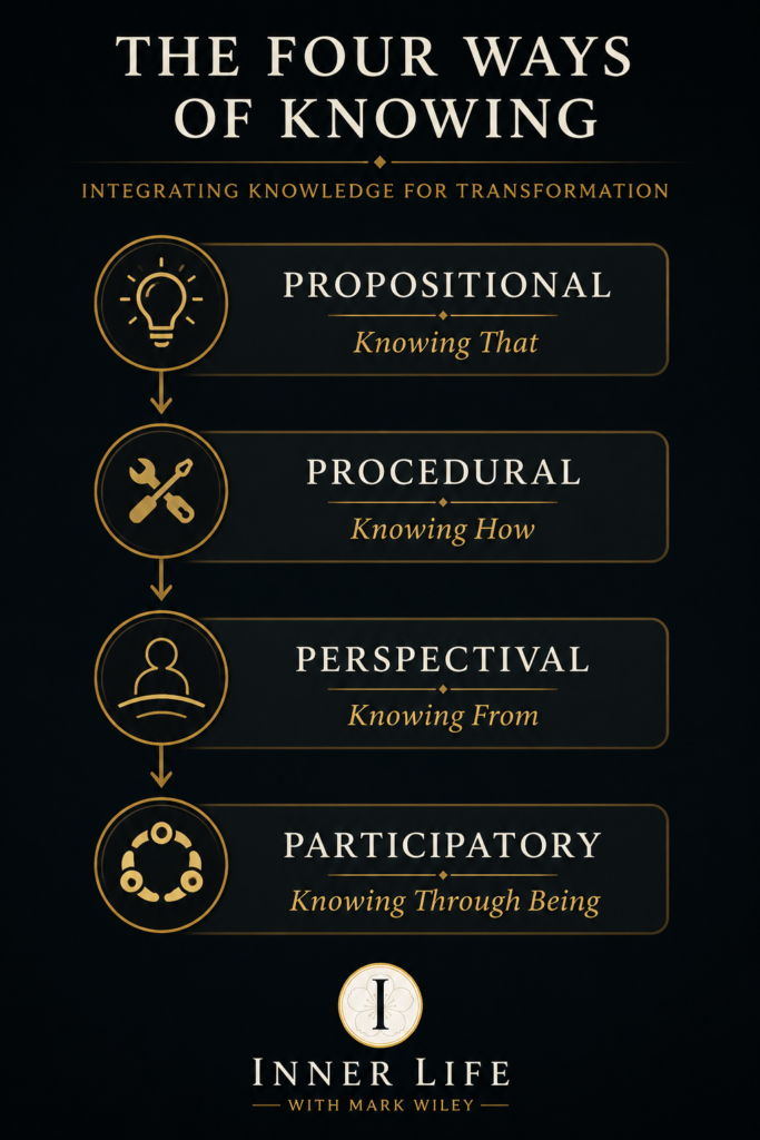 Infographic illustrating John Vervaeke's Four Ways of Knowing: propositional knowing (knowing that), procedural knowing (knowing how), perspectival knowing (knowing from), and participatory knowing (knowing through being).