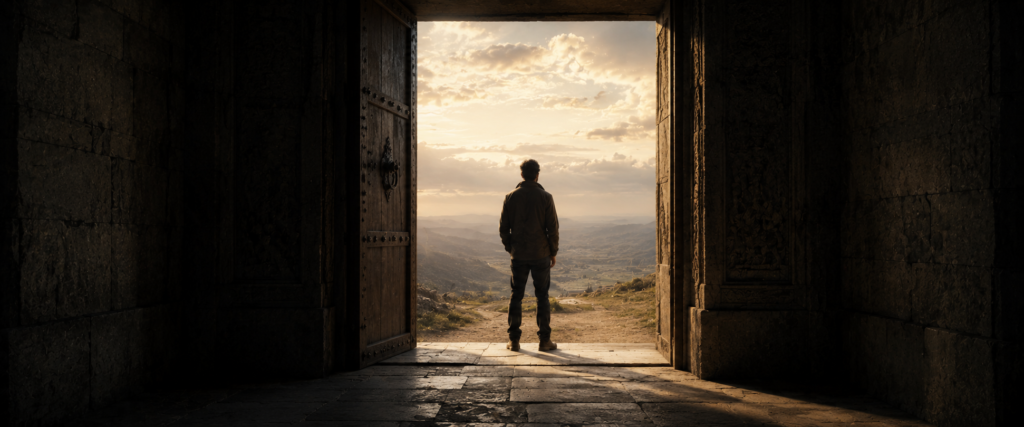 A solitary figure standing in a doorway between darkness and an open landscape, symbolizing human potential, consciousness, and transformation.