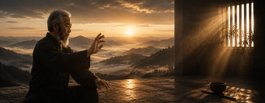 Contemplative Tai Chi master overlooking a sunrise landscape, symbolizing internal strength, awareness, embodiment, and human transformation.