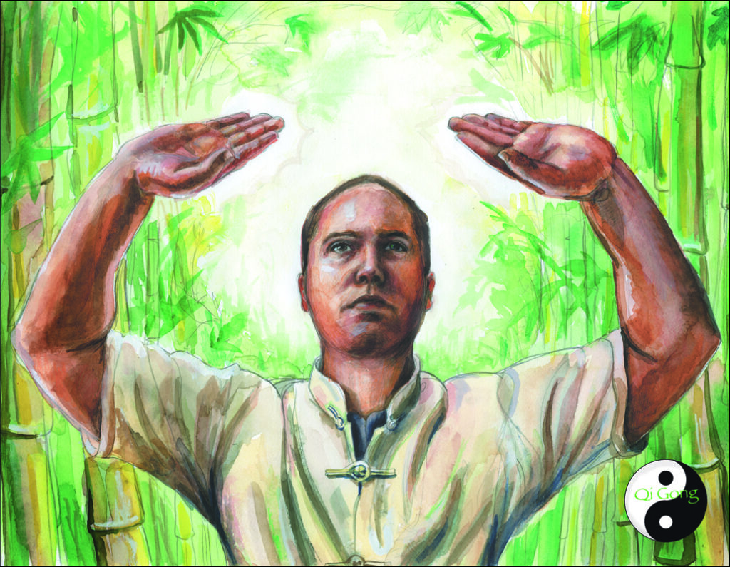 Watercolor painting of a practitioner engaged in standing practice within a bamboo grove, symbolizing breath awareness, embodiment, nervous system regulation, and inner development.