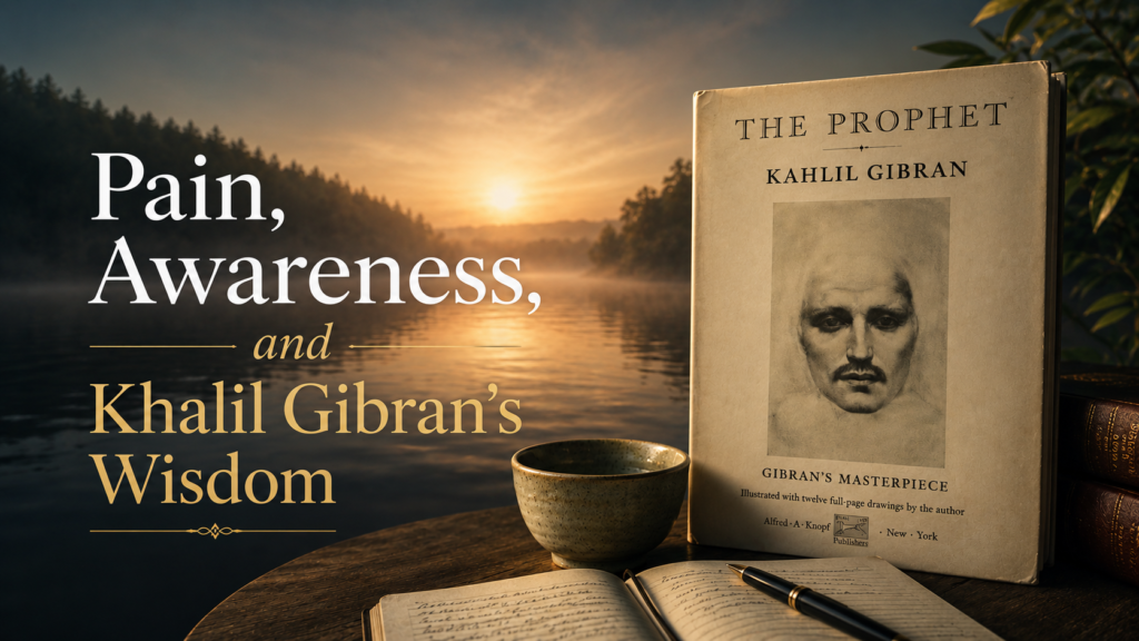 Book cover of The Prophet by Khalil Gibran beside a journal overlooking a misty lake, illustrating reflections on pain, awareness, and wisdom.