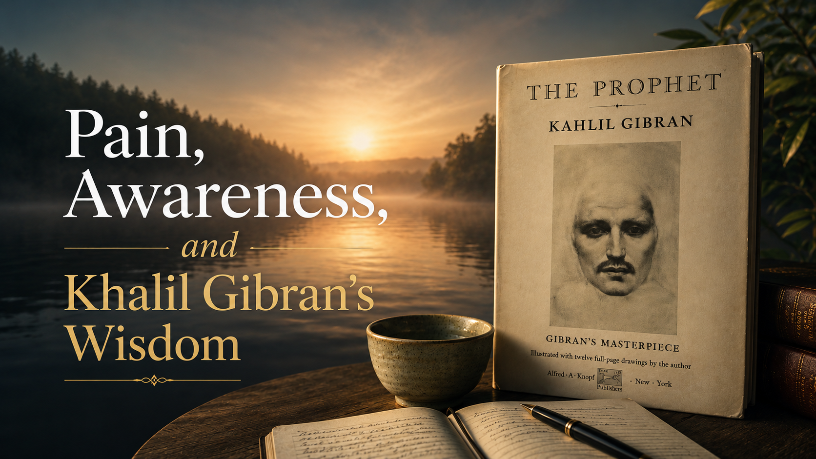 Book cover of The Prophet by Khalil Gibran beside a journal overlooking a misty lake, illustrating reflections on pain, awareness, and wisdom.