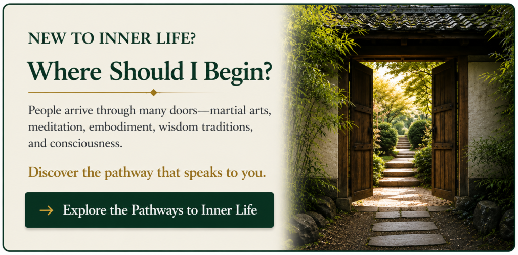 Illustration of an open garden gate symbolizing the many pathways into Inner Life through embodiment, meditation, wisdom traditions, martial arts, and consciousness.