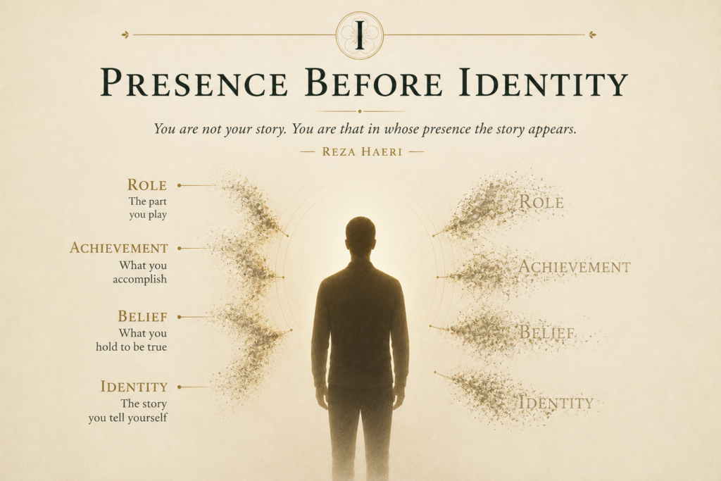 Silhouette surrounded by dissolving labels representing role, achievement, belief, and identity, symbolizing awareness beyond personal identity.