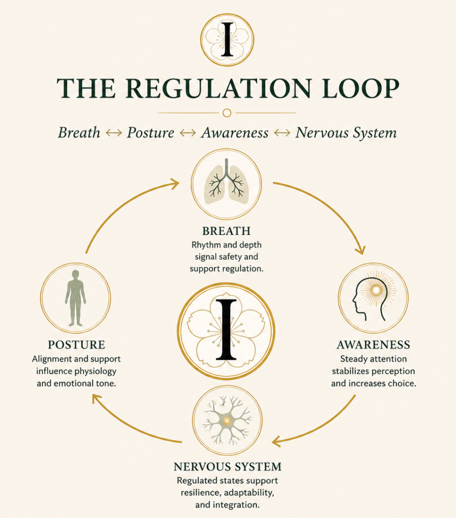 Inner Life Regulation Loop showing how breath, posture, awareness, and nervous system regulation interact to support embodiment, resilience, and human integration.