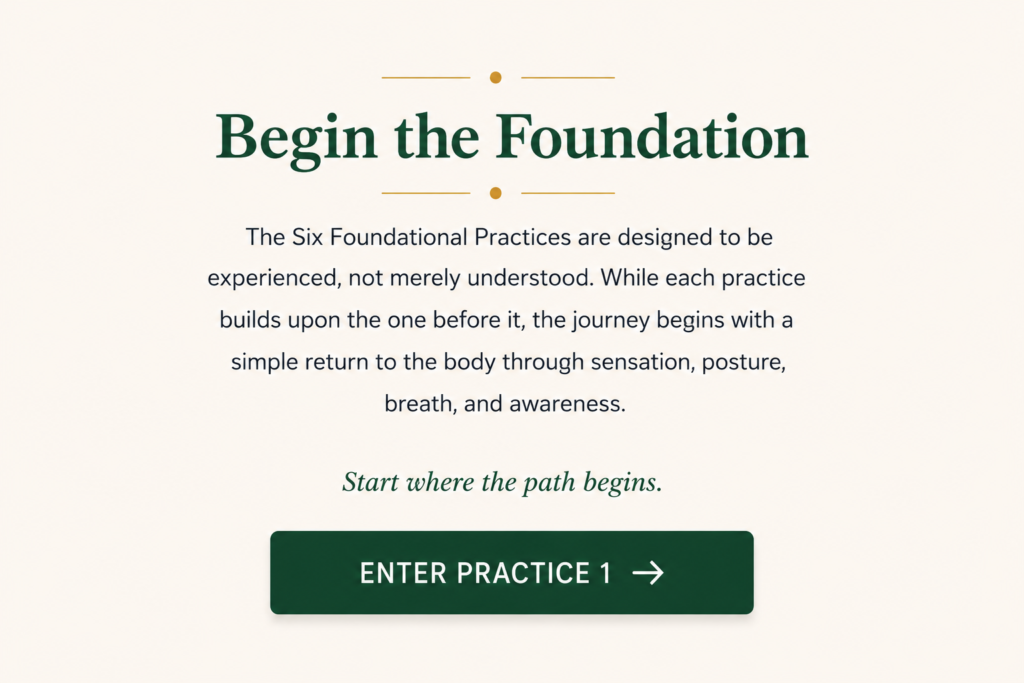 Returning to the Soma Practice 1 card introducing the first foundational practice of Inner Life focused on sensation, posture, breath, awareness, and embodied experience.