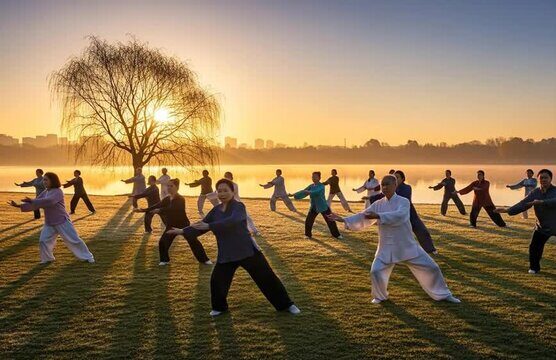 Group of practitioners performing Tai Chi together at sunrise, illustrating embodied awareness, continuity of attention, and shared practice.