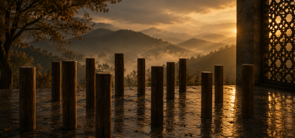 Traditional plum blossom training poles overlooking mist-covered mountains at sunrise, symbolizing balance, structure, embodied awareness, standing practice, and personal integration.