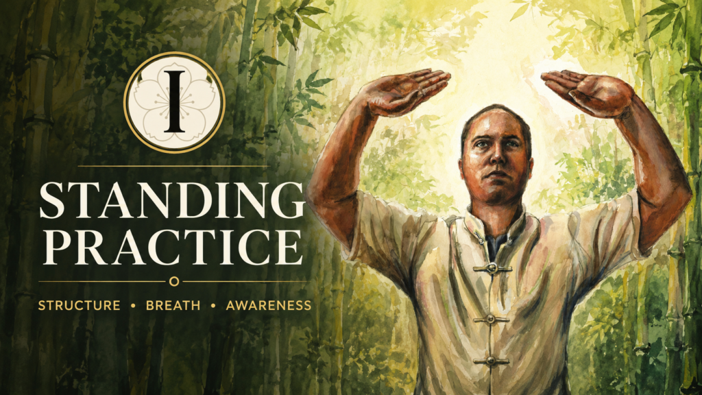 Illustration of a practitioner performing standing practice in a bamboo grove with the Inner Life symbol, representing structure, breath awareness, embodiment, nervous system regulation, and human integration.