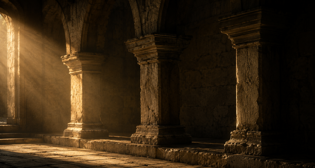 Ancient stone columns supporting a vaulted structure illuminated by golden light, symbolizing integrity and stability under pressure.